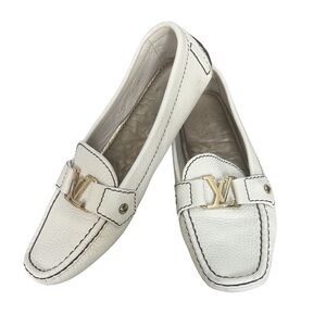 Louis Vuitton White Leather Loafers with Gold Accent